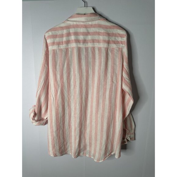 CC California Womens XL Linen Button Up Top Roll Tab Sleeves Pink Stripe Beachy - Picture 6 of 13